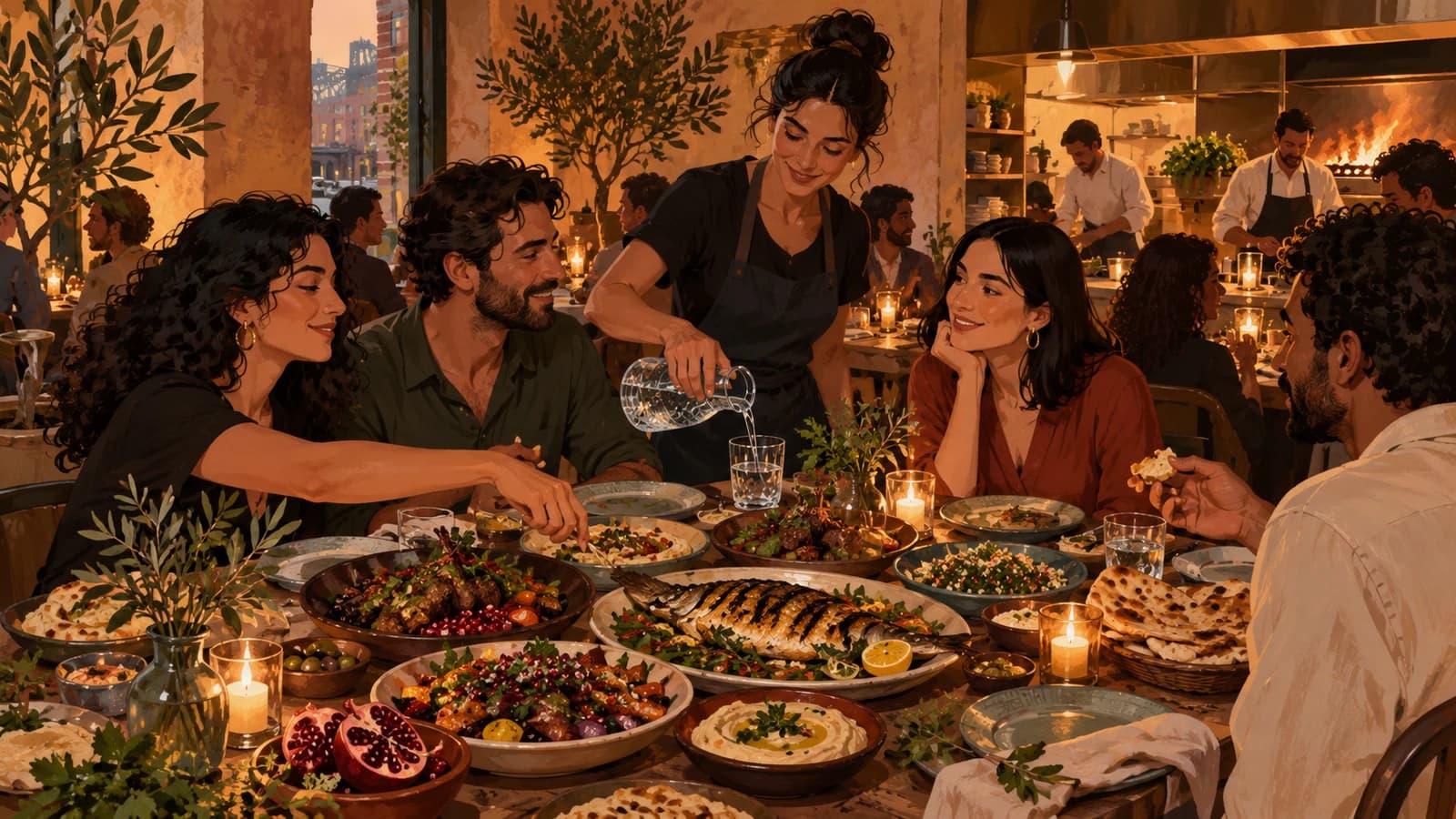 Illustration of friends sharing Levantine-style plates, bread and vegetables in a warm Williamsburg bistro.