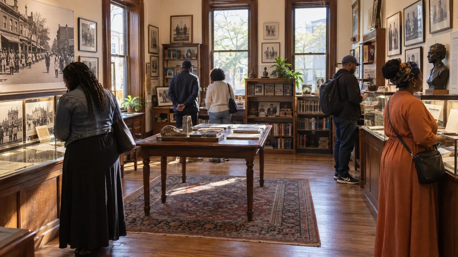 Original editorial image of Brooklyn visitors exploring books, photographs and community-history displays inside Brownsville Heritage House