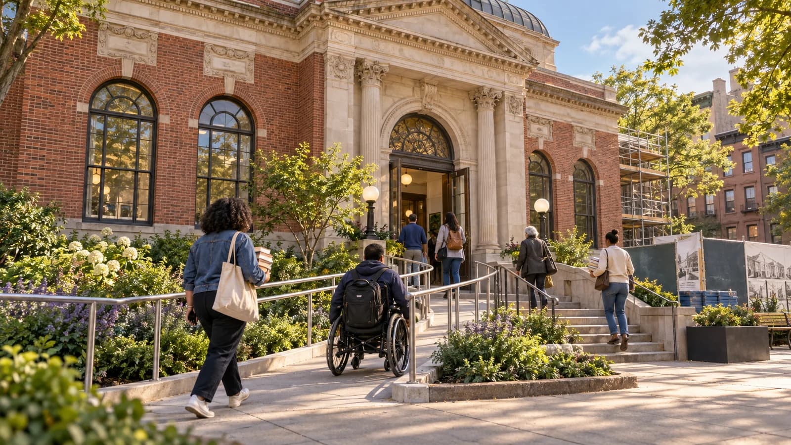 Conceptual editorial scene of patrons using an accessible garden entrance at a historic brick library