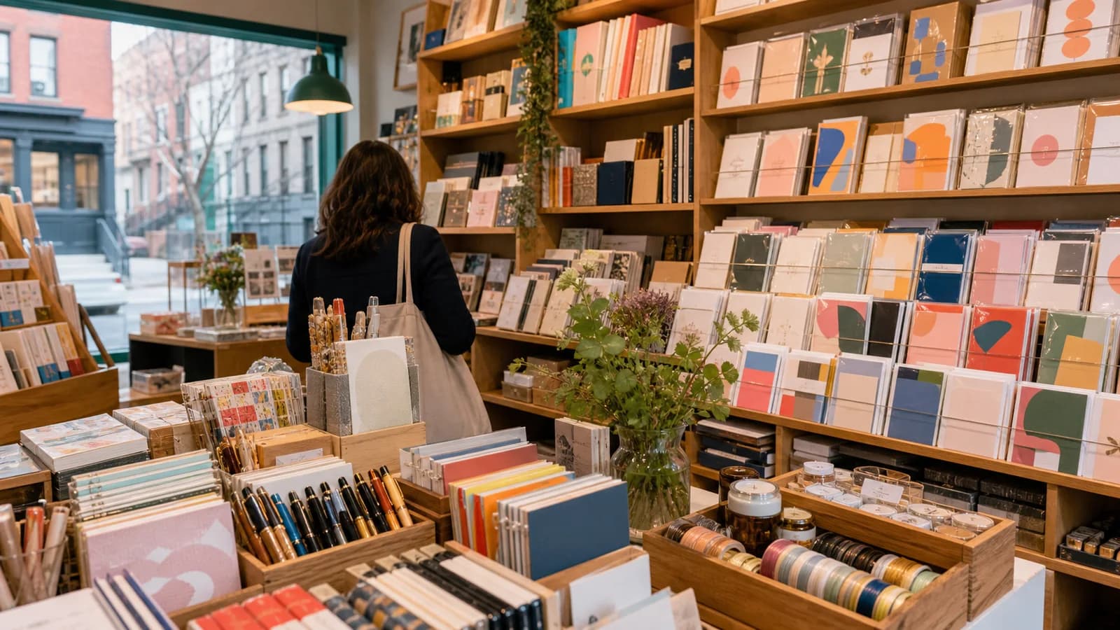 Colorful greeting cards, notebooks, pens, ribbon, and gifts in a bright neighborhood stationery shop