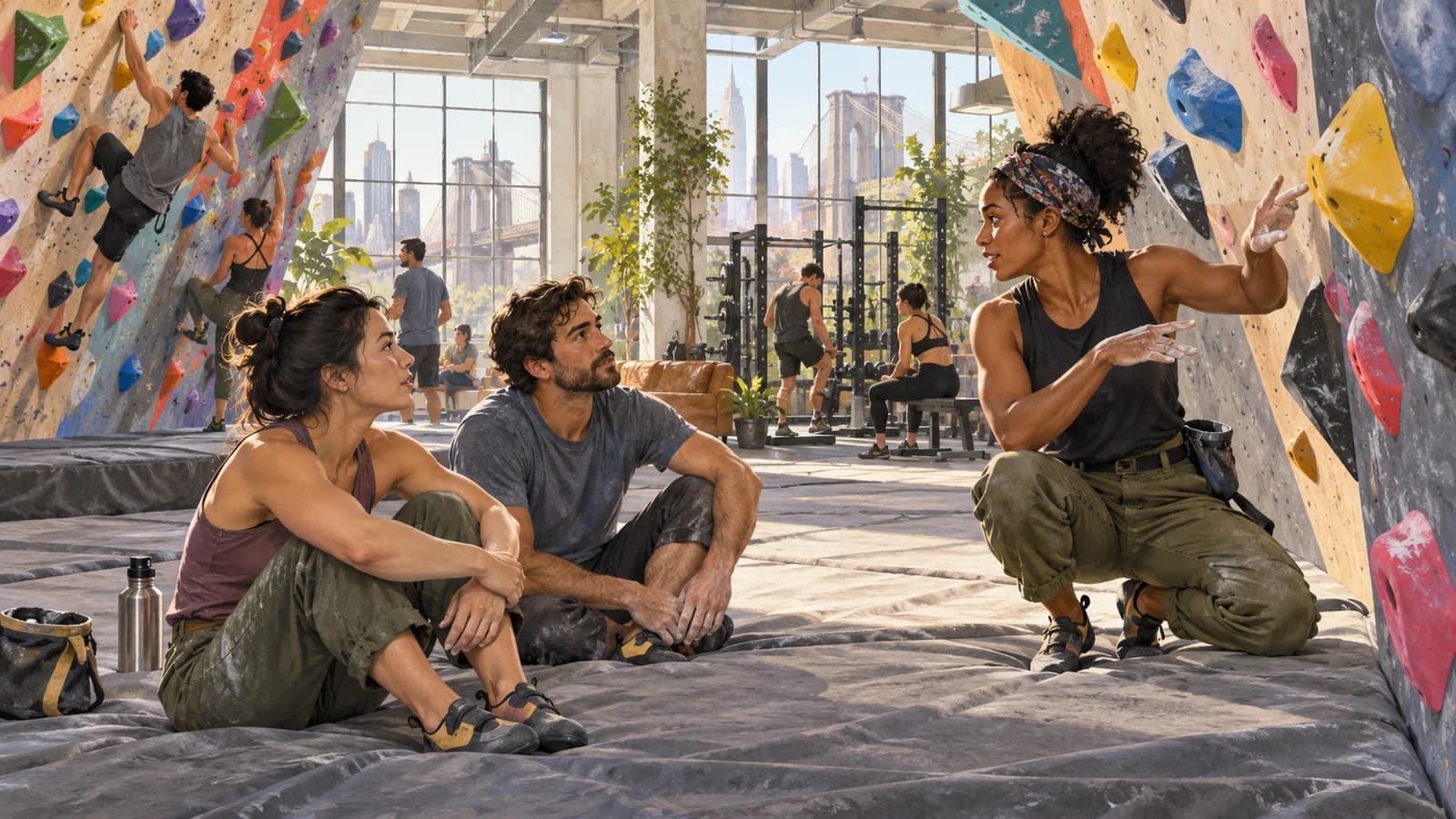 Conceptual editorial illustration of fitness center planning in Brooklyn; not a documentary depiction of the venue.
