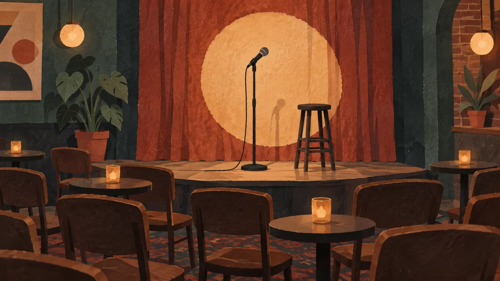 Conceptual editorial illustration for Bushwick Comedy Club; not a documentary depiction of the establishment.