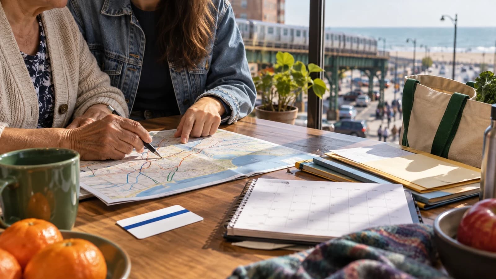 Older and younger adults organizing Brighton Beach errands with a calendar, blank library card and transit map near a coastal window