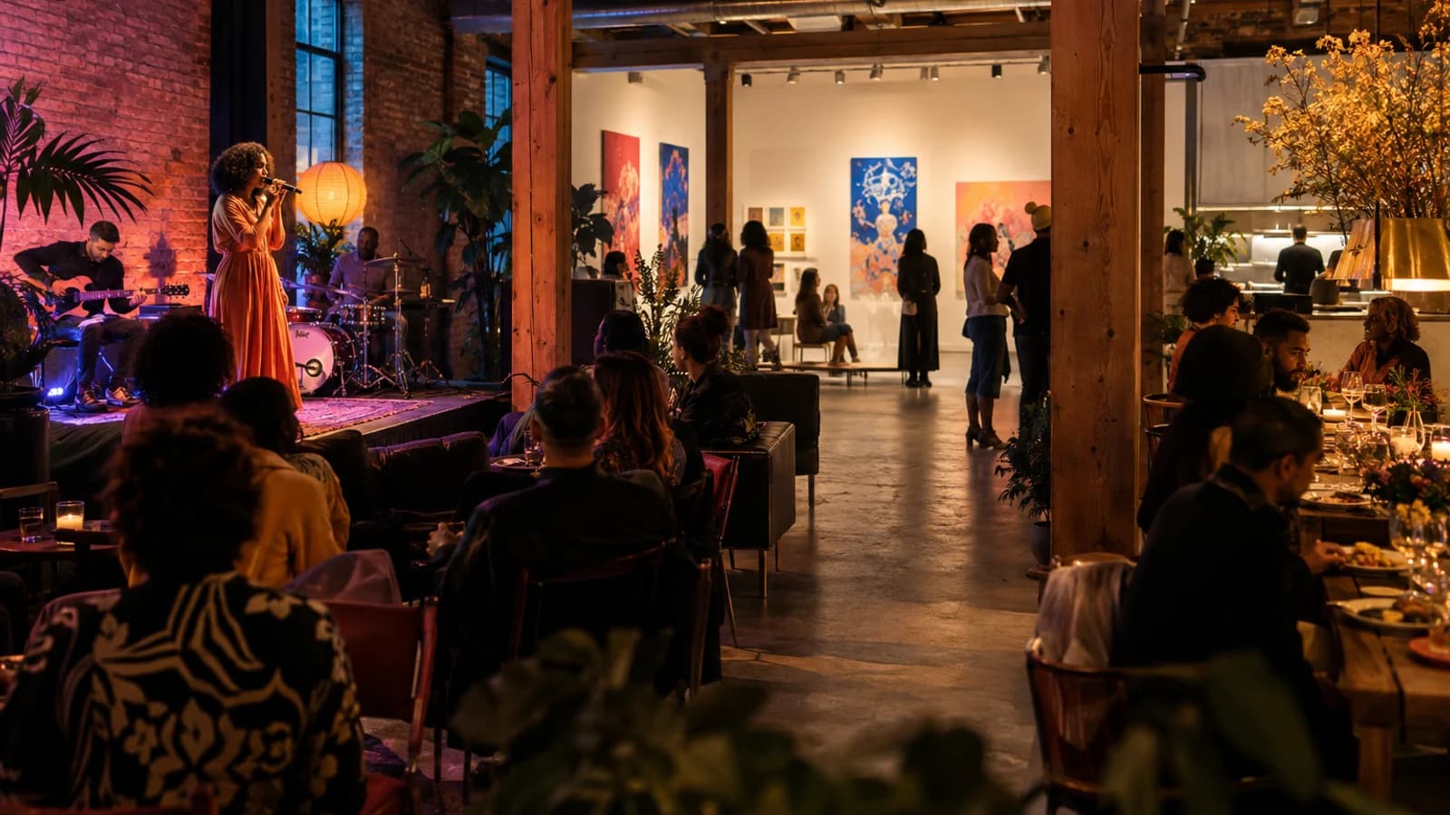 Original editorial image combining performance, gallery art and dining inside a Williamsburg arts venue