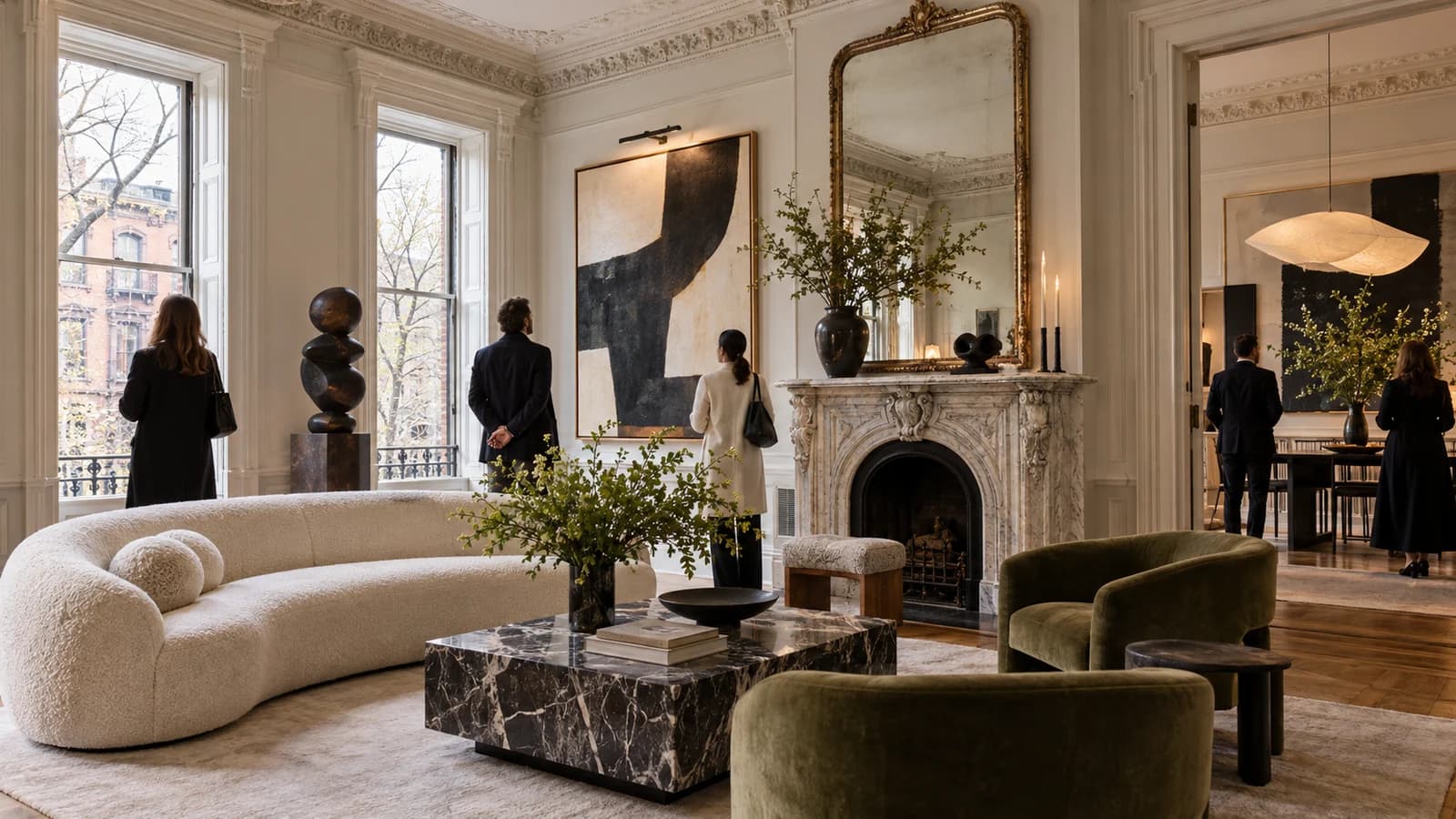 Historic Brooklyn Heights townhouse room redesigned with bold contemporary furniture and art