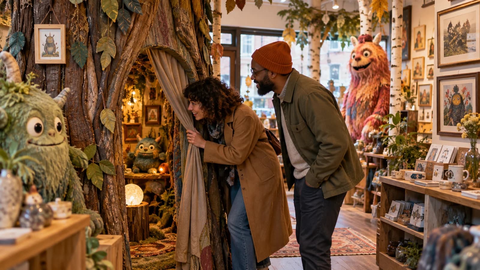 Original editorial image of visitors exploring a whimsical monster-filled art and gift shop in Park Slope