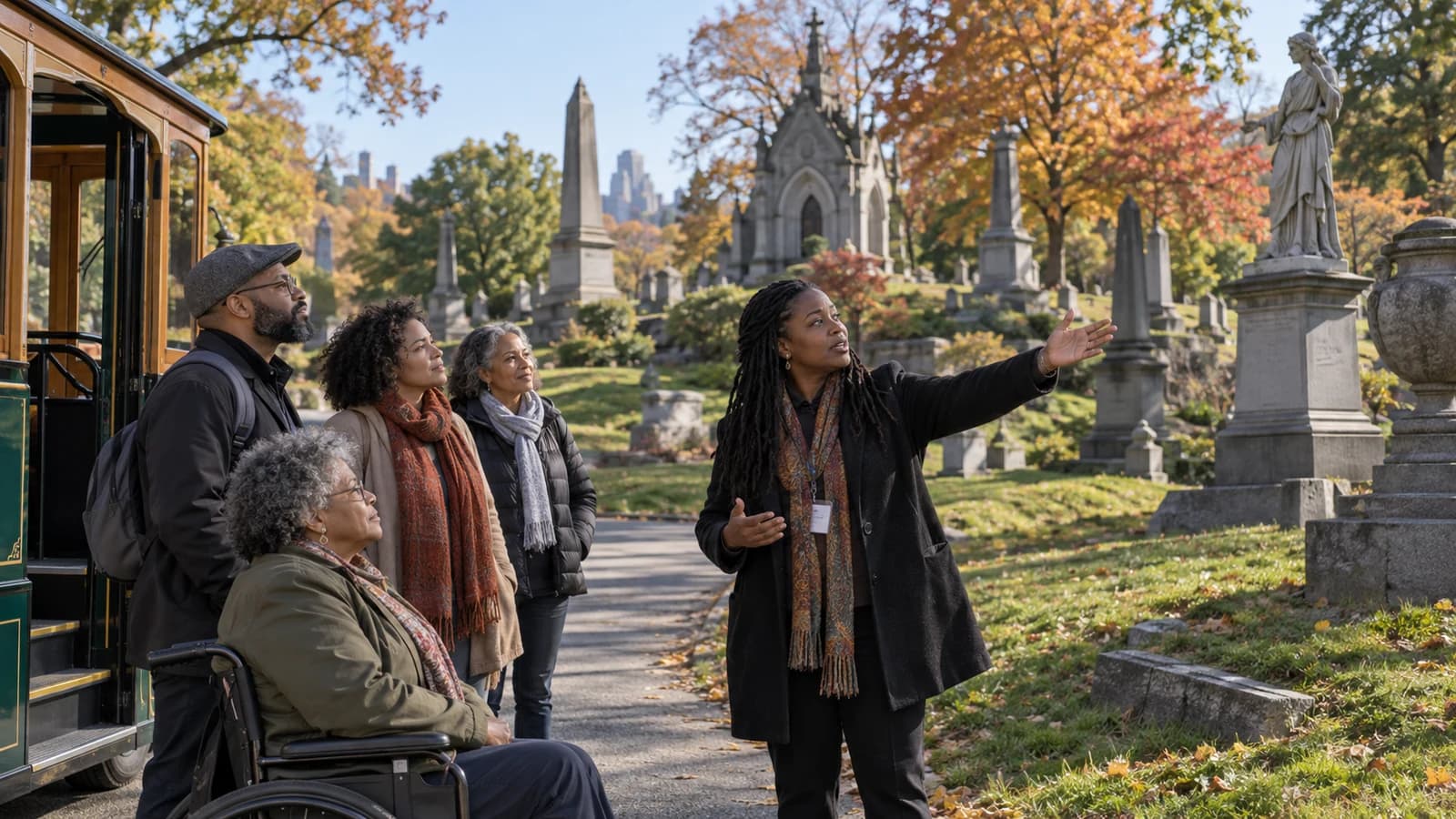 Original editorial scene of visitors joining an accessible history trolley tour in a Brooklyn cemetery