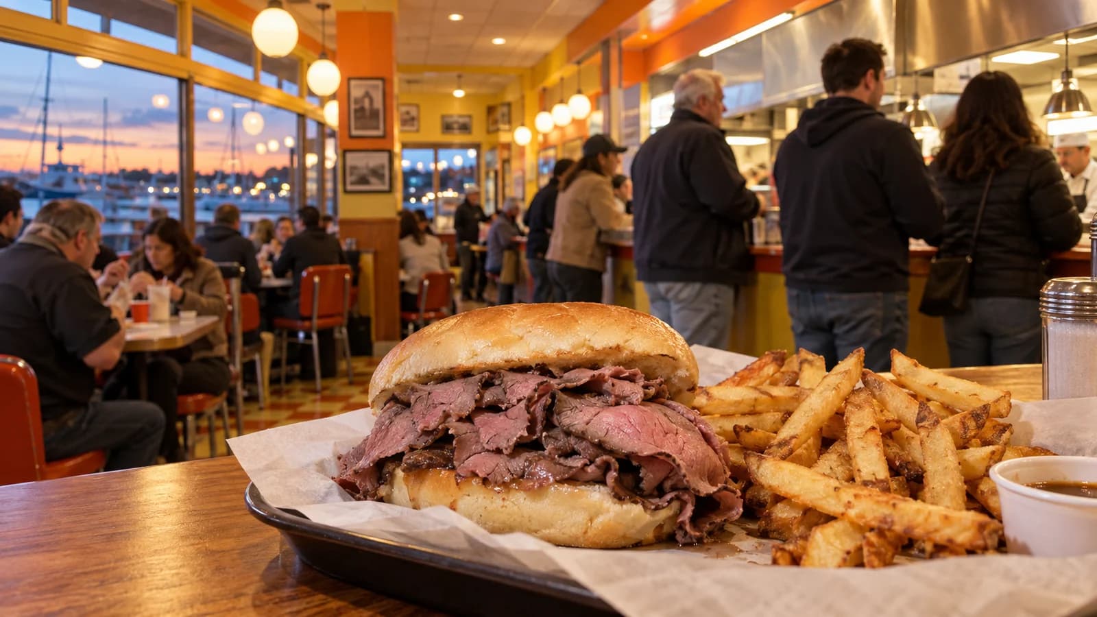 Original editorial image of a roast beef sandwich and fries inside a lively retro counter-service restaurant near Sheepshead Bay