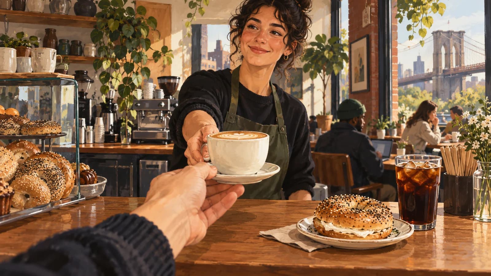 Conceptual editorial illustration of coffee shop planning in Brooklyn; not a documentary depiction of the venue.