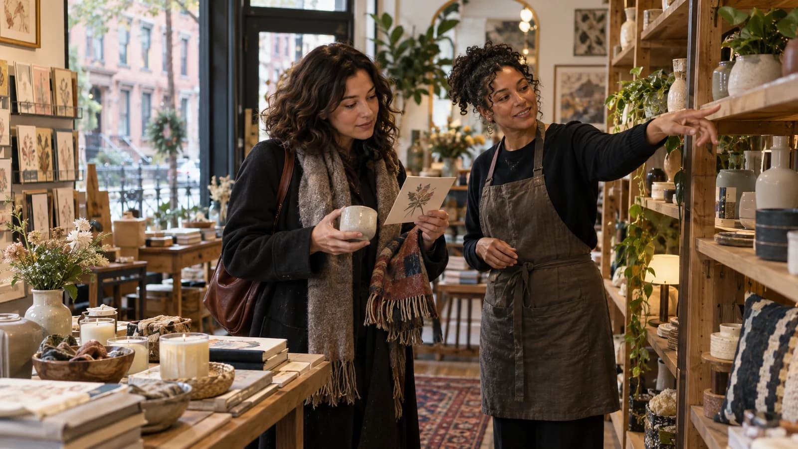 Original editorial scene of a shopper choosing cards and home goods with help inside a Brooklyn gift shop