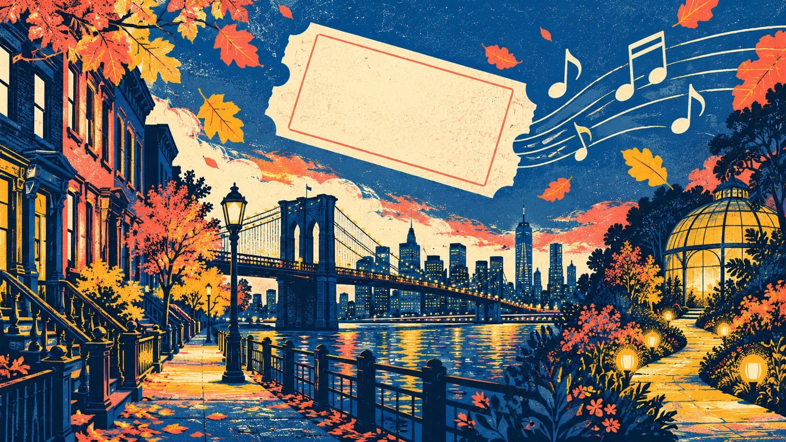 Conceptual illustration of an autumn Brooklyn streetscape with a blank ticket, music notes and a glowing garden.