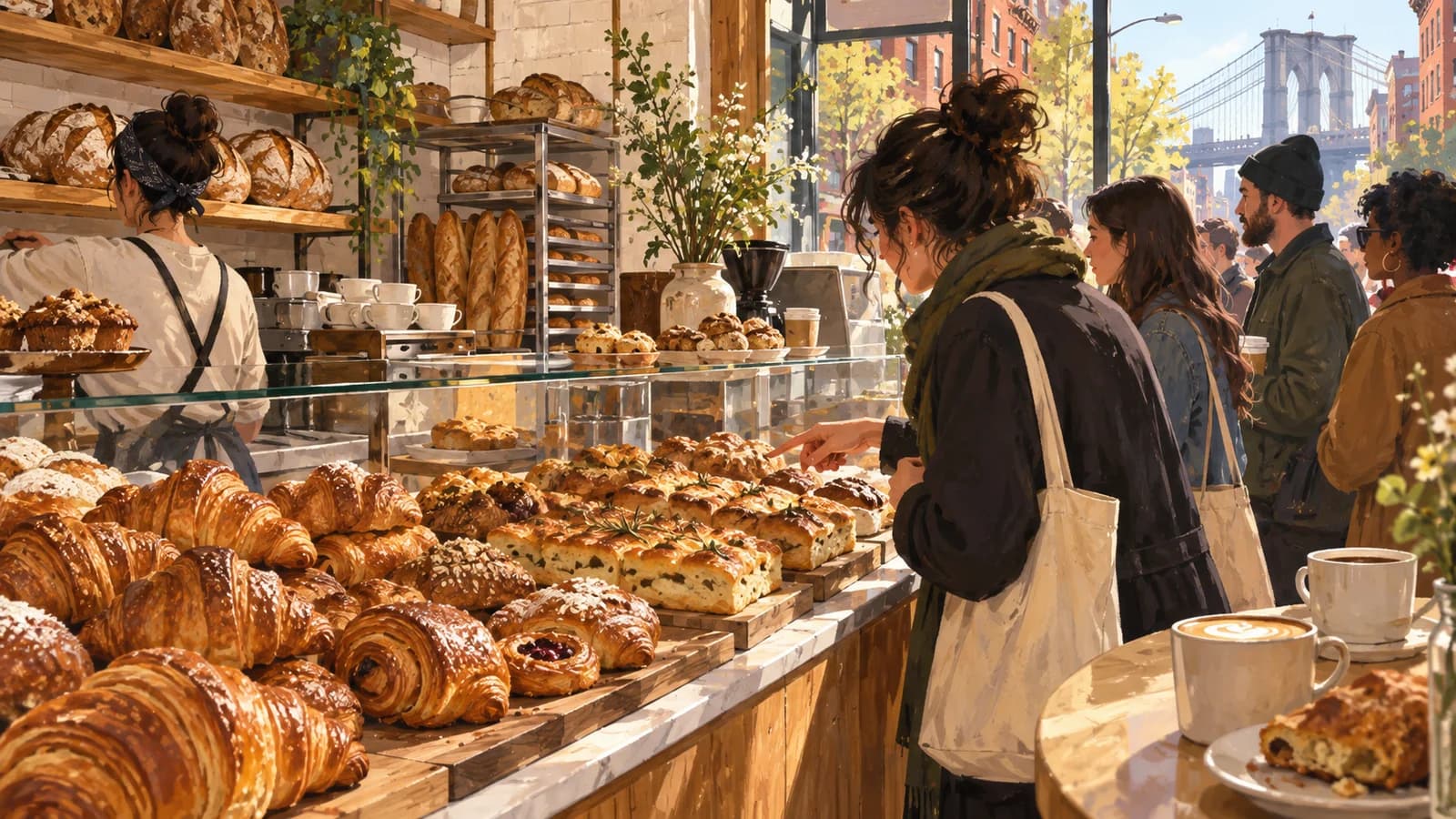 Original editorial illustration of a Brooklyn bakery counter filled with croissants, focaccia, bread and morning customers.