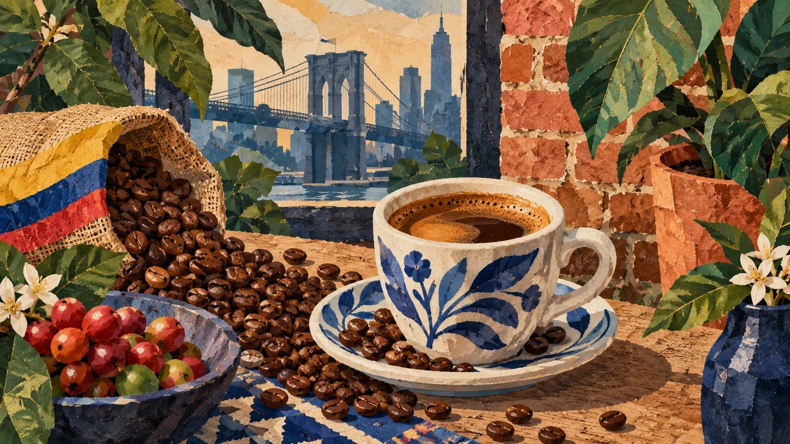 Conceptual editorial illustration of coffee shop planning in Brooklyn; not a documentary depiction of Devoción Williamsburg.