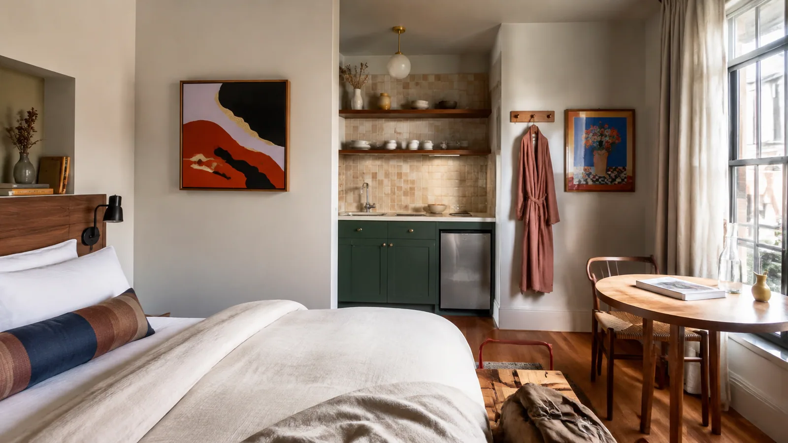 Sunlit boutique hotel room with a kitchenette, local artwork, and warm wood details