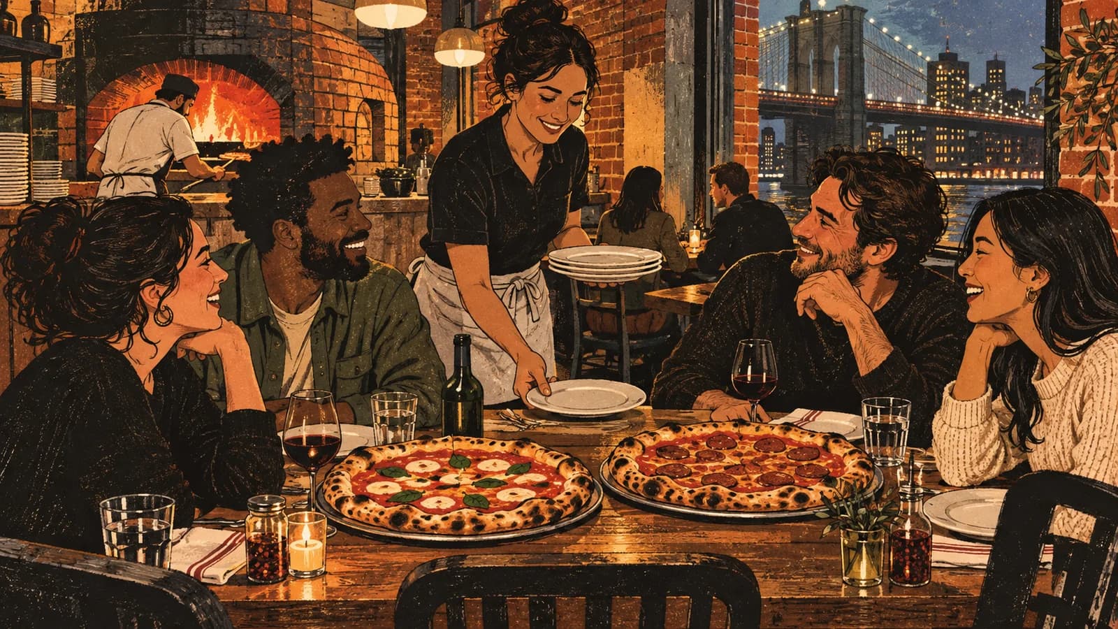 Original editorial illustration of friends sharing two whole coal-oven pizzas in a warm DUMBO dining room.