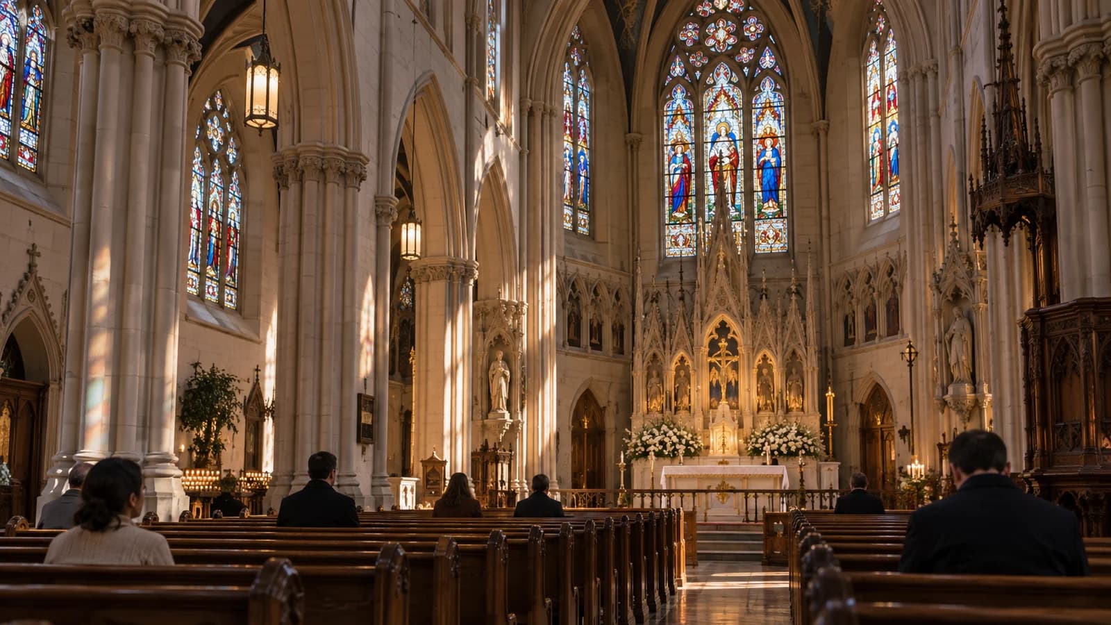 Original editorial scene of quiet visitors beneath Gothic arches and stained glass in an active Catholic church