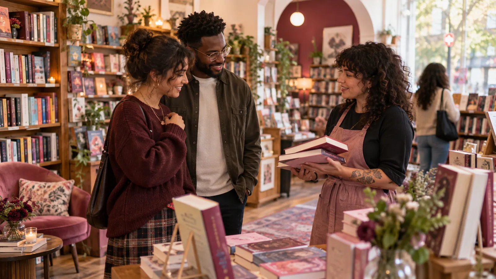 Original editorial scene of two adults receiving romance-book recommendations in a warm neighborhood bookstore