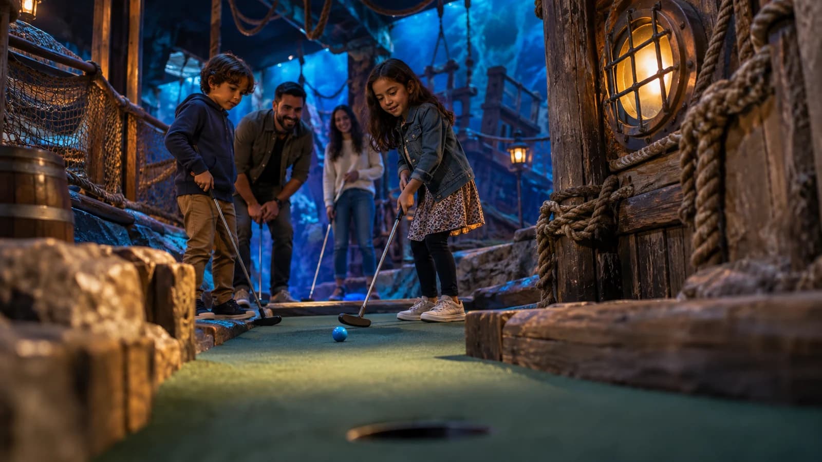 Original editorial image of a family playing nautical-themed indoor miniature golf in Brooklyn