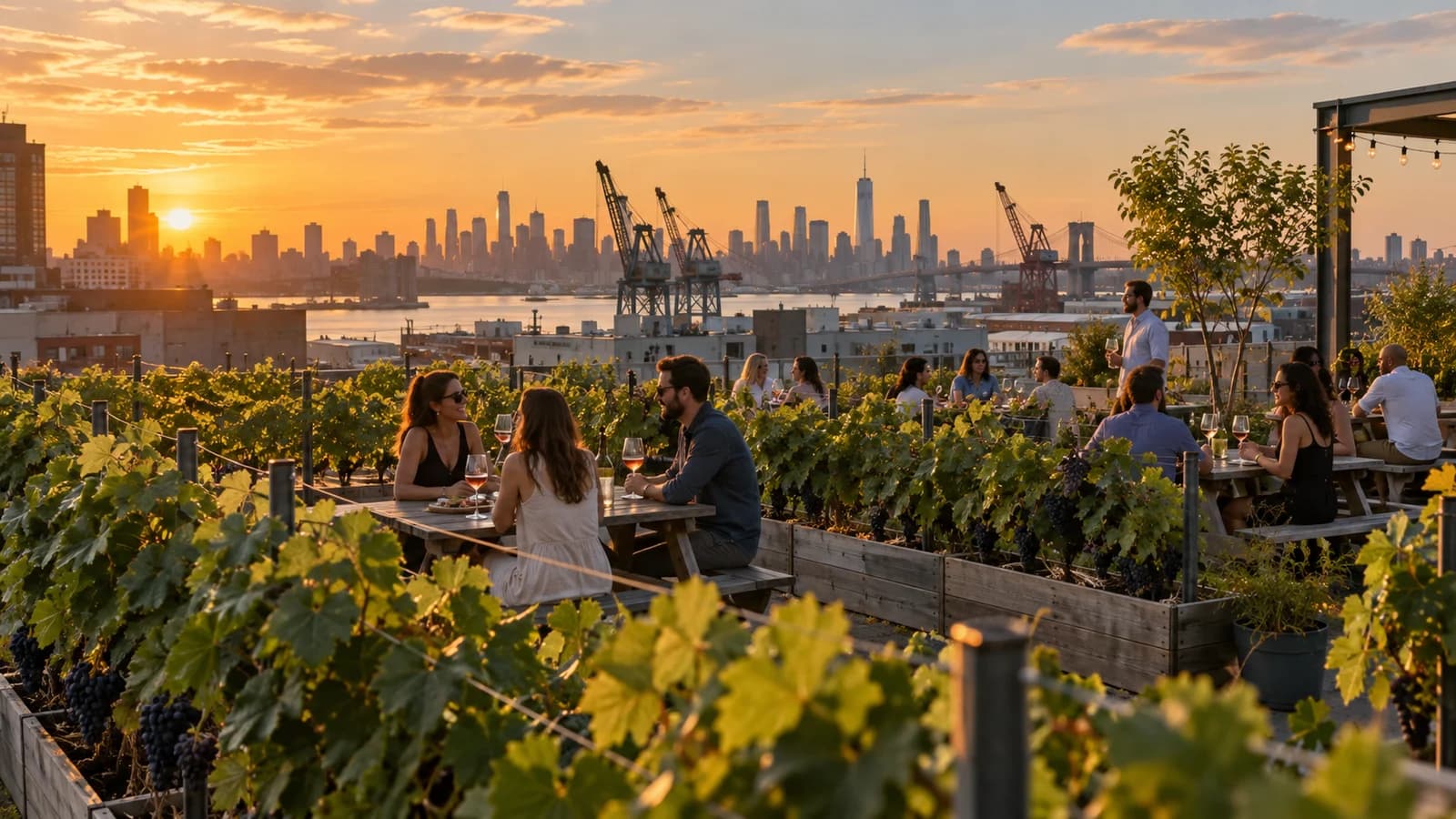 Original editorial image of adults seated among rooftop grapevines at the Brooklyn Navy Yard near sunset