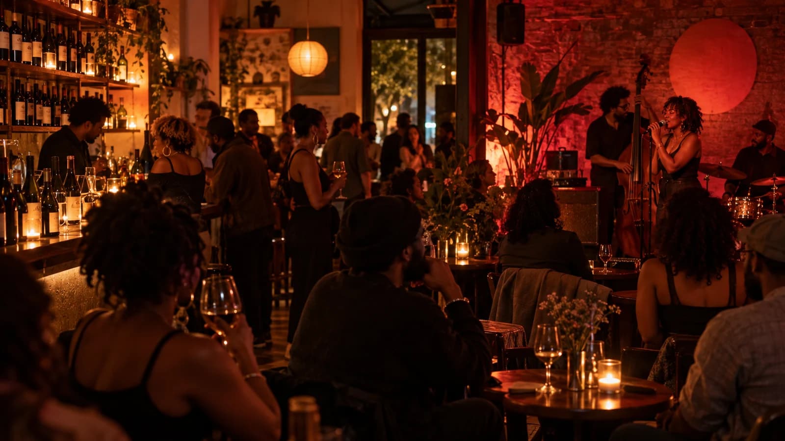 Intimate Bed-Stuy natural wine bar during a live jazz performance