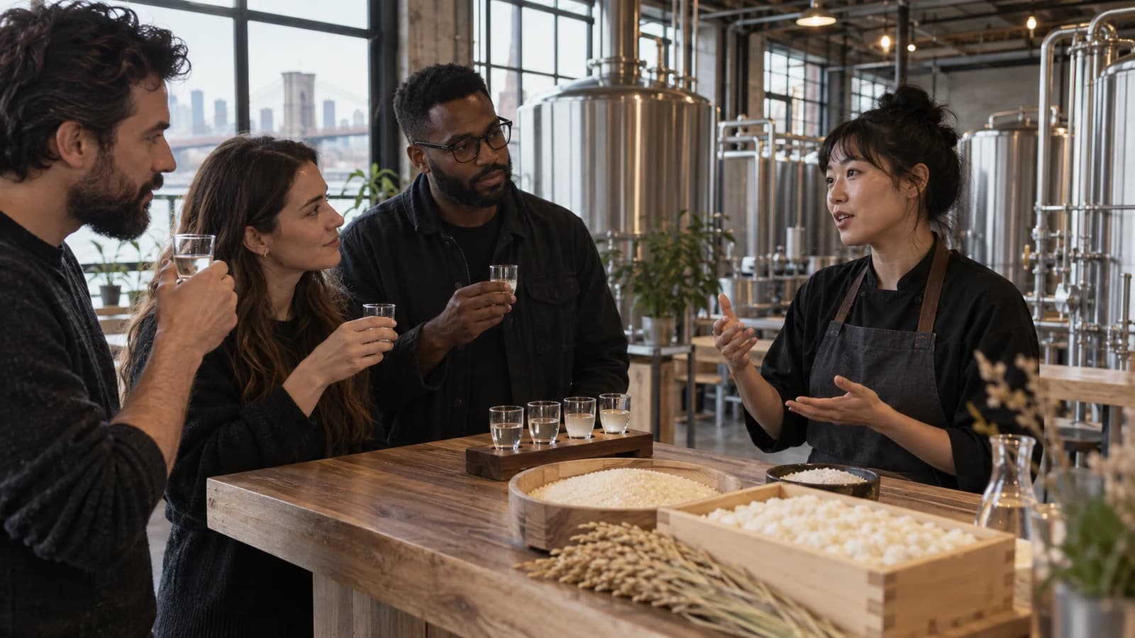 Original editorial scene of adults learning about a craft sake flight beside rice, koji and stainless brewing tanks