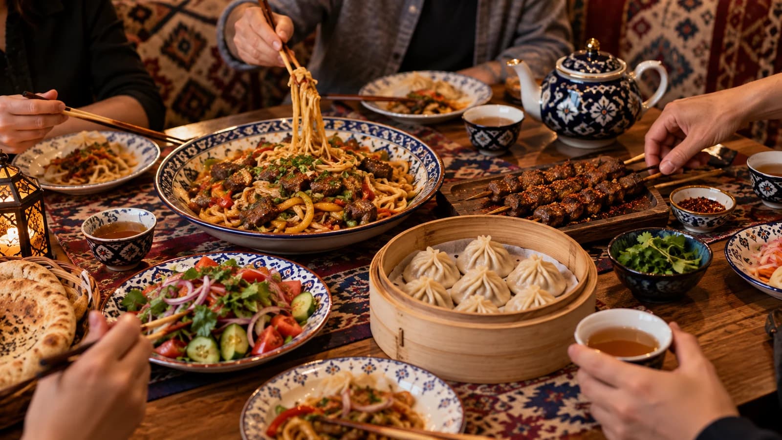 Original editorial image of friends sharing noodles, dumplings, lamb kebabs, salad, and tea at an Uyghur-inspired table