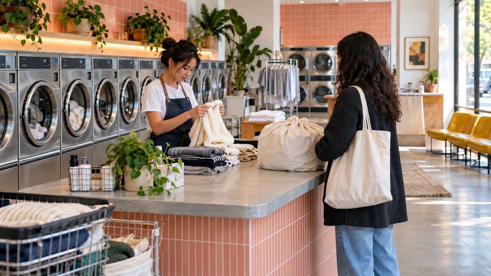 Original editorial illustration of a bright Williamsburg laundry service with stainless machines and careful garment sorting
