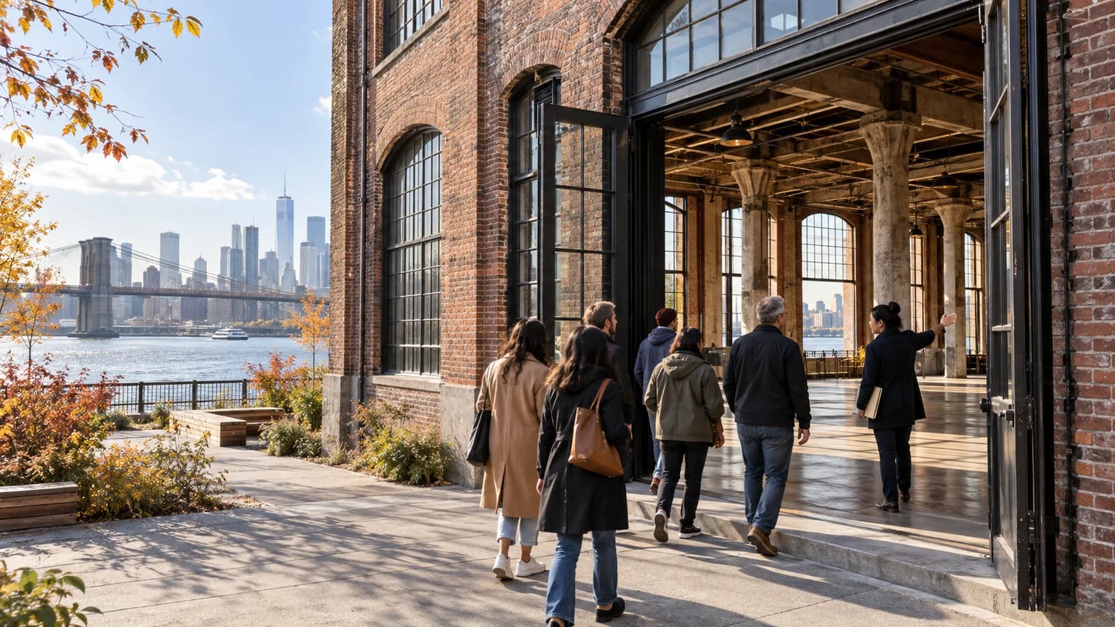 Original editorial scene of a guided group entering a historic Brooklyn industrial building during an architecture weekend