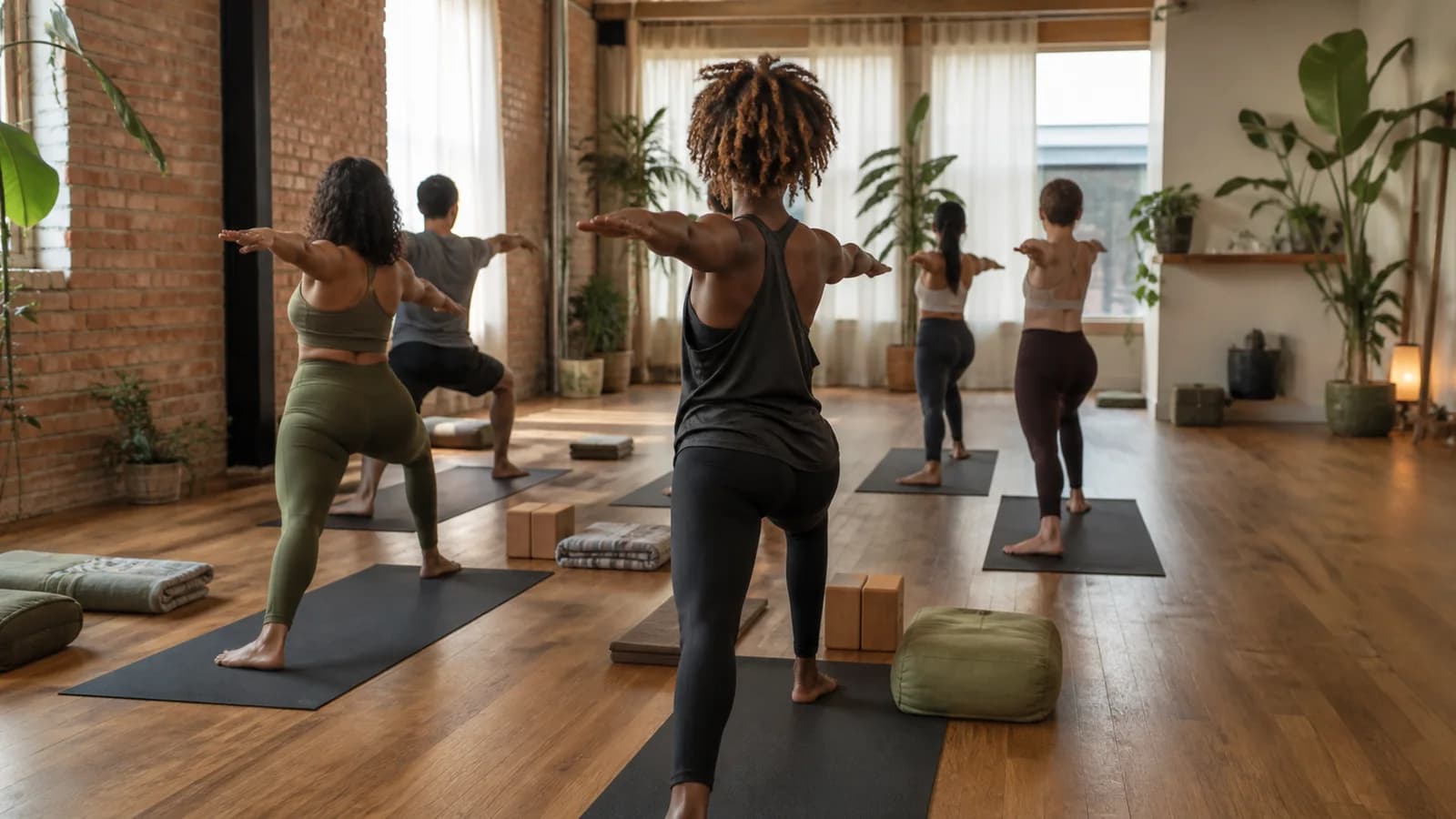 Small yoga class practicing a standing flow in a warm, plant-filled Brooklyn studio