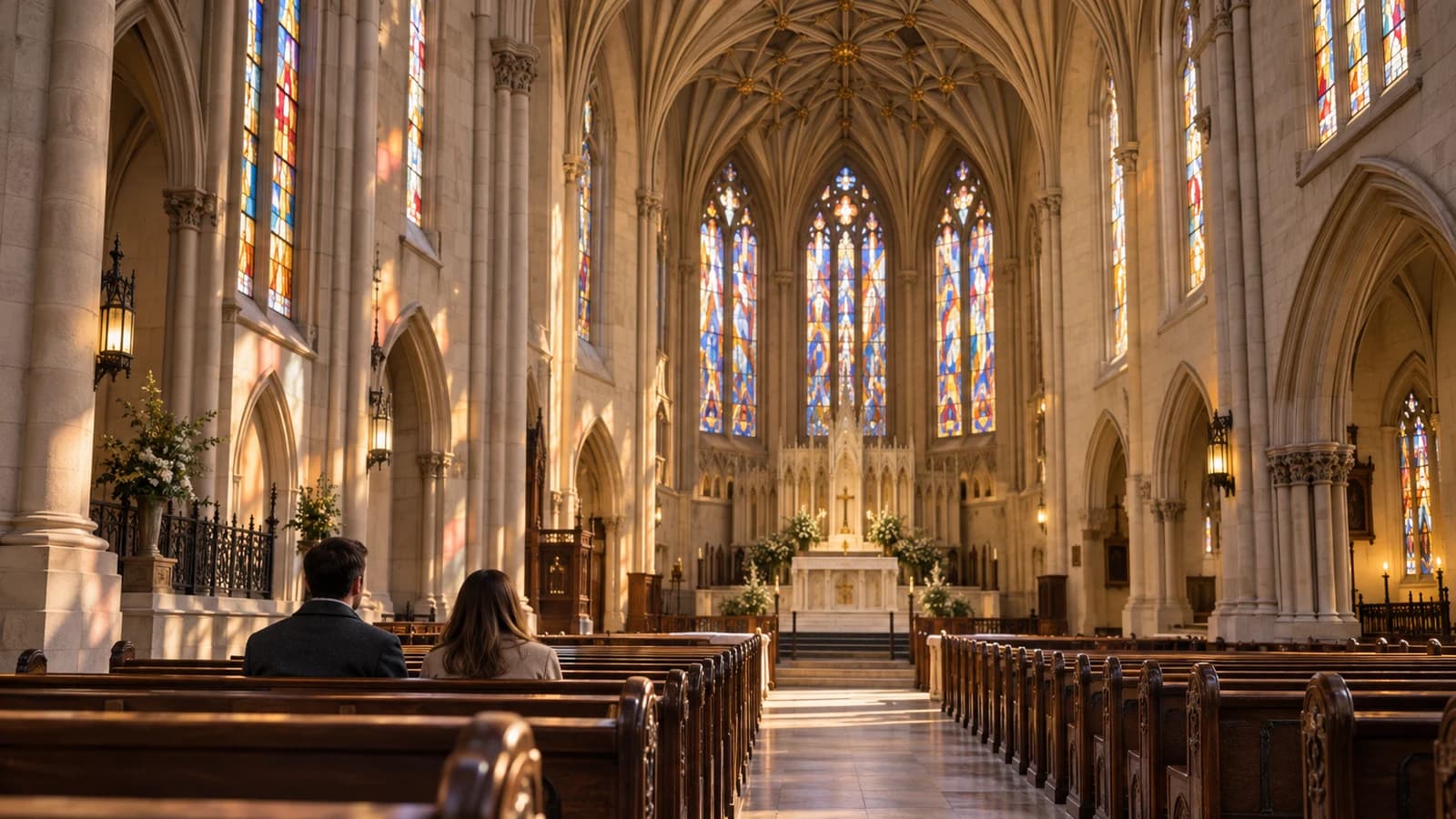 Original editorial scene of visitors sitting quietly in a sunlit Gothic Revival church sanctuary