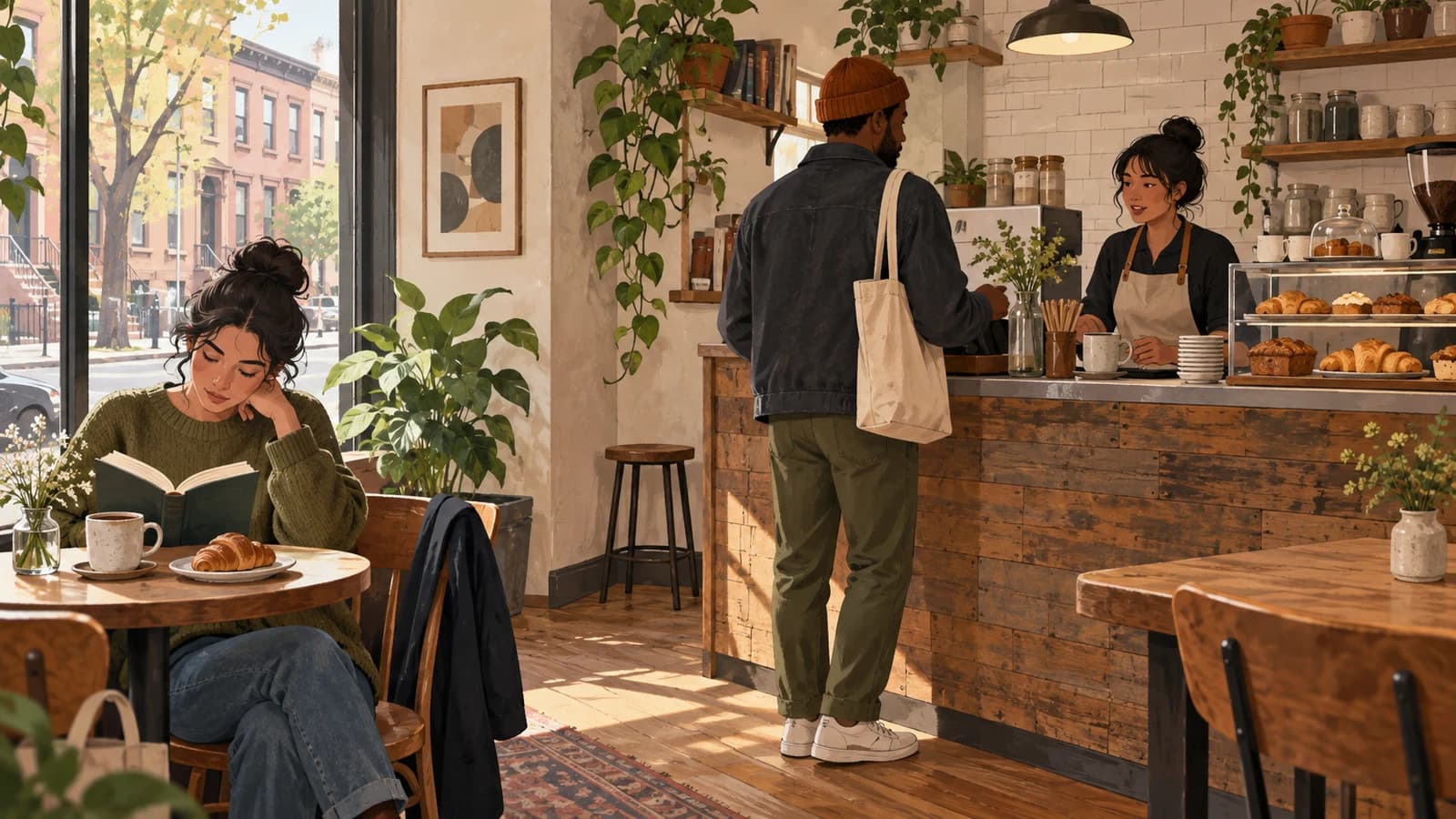 Original editorial scene of a reader and a counter customer sharing the rhythm of a compact Brooklyn coffee shop