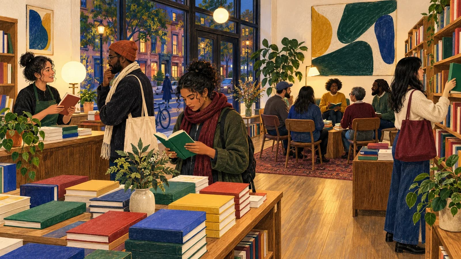 Original editorial colored-pencil illustration of readers browsing an independent Brooklyn bookstore while a small book discussion meets in the background.