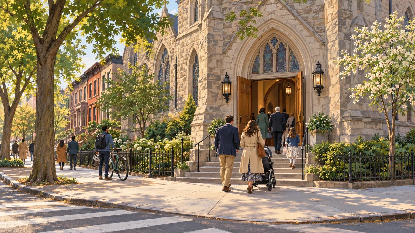 Illustration of visitors entering a historic Park Slope church on a sunny brownstone block.