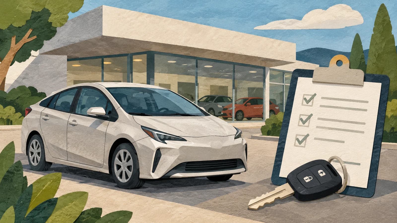 Conceptual editorial illustration for Toyota of Bay Ridge Brooklyn; not a documentary depiction of the establishment.