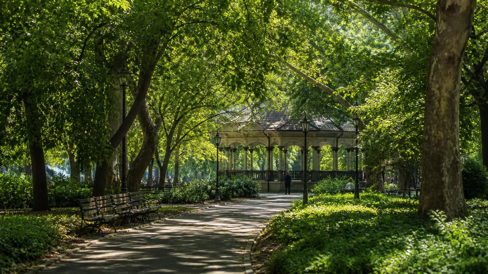Shaded path leading toward the historic pavilion in leafy McGolrick Park