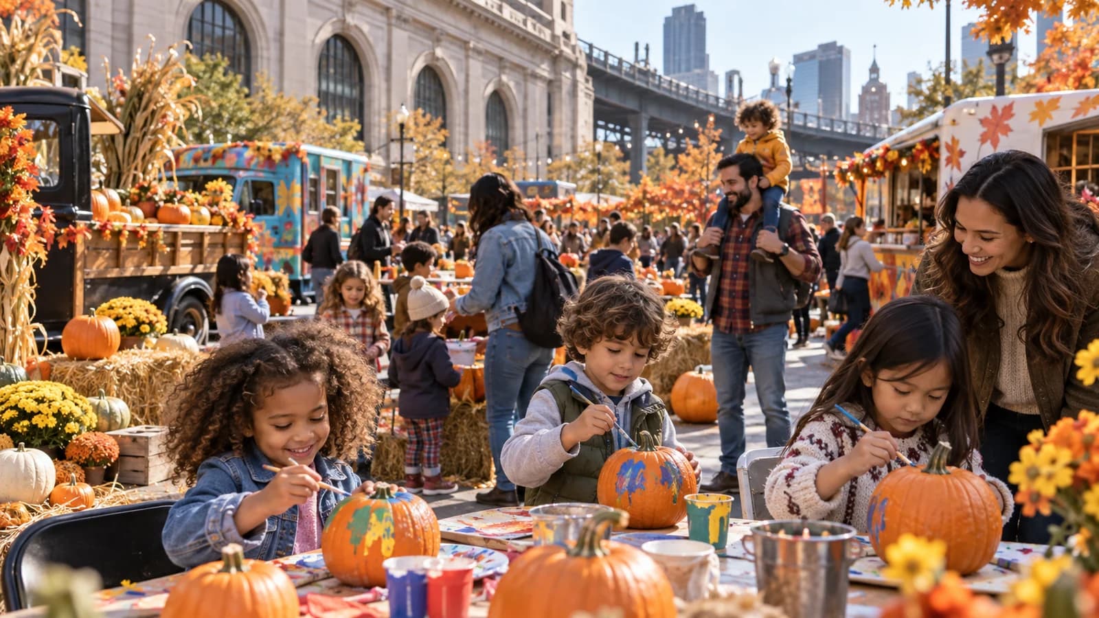Original editorial scene of children painting pumpkins at a lively fall festival on a Brooklyn plaza and car-free street