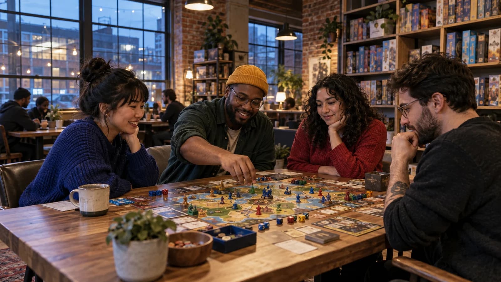 Original editorial image of friends playing a tabletop game in a warm Industry City lounge