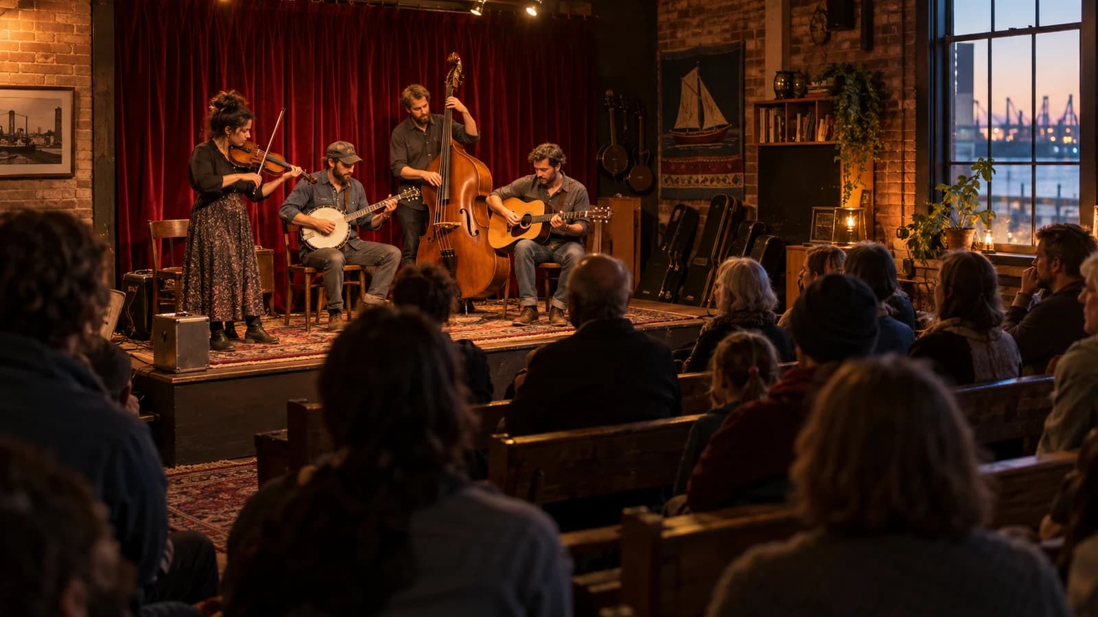 Original editorial image of an acoustic folk ensemble performing for an intimate audience in a Red Hook theater