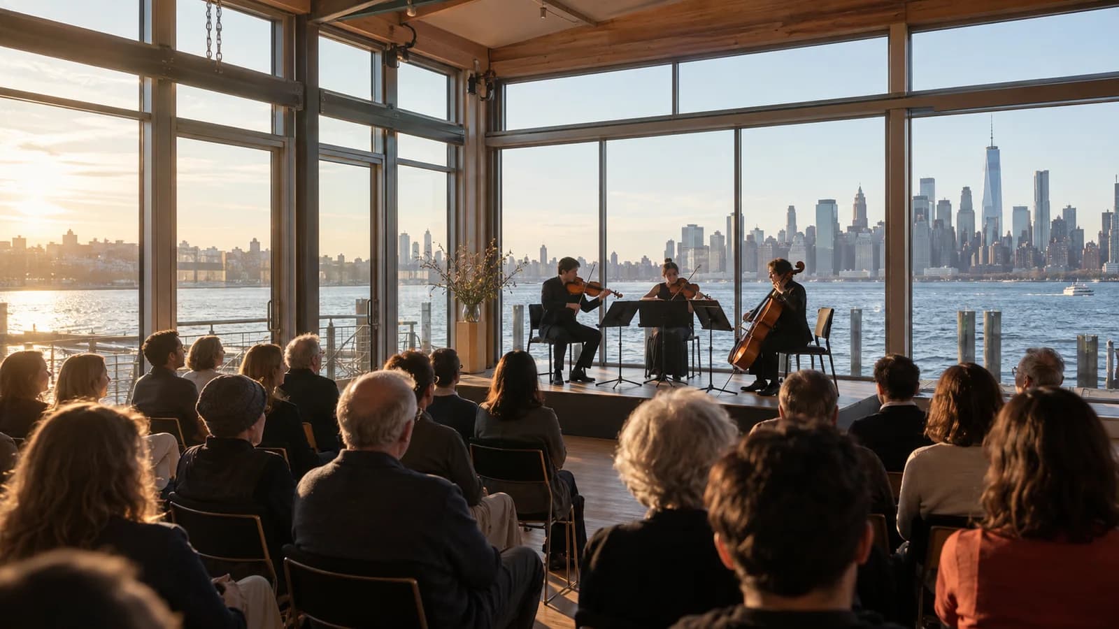 Original editorial scene of a chamber trio performing for an attentive audience in a waterfront Brooklyn concert room