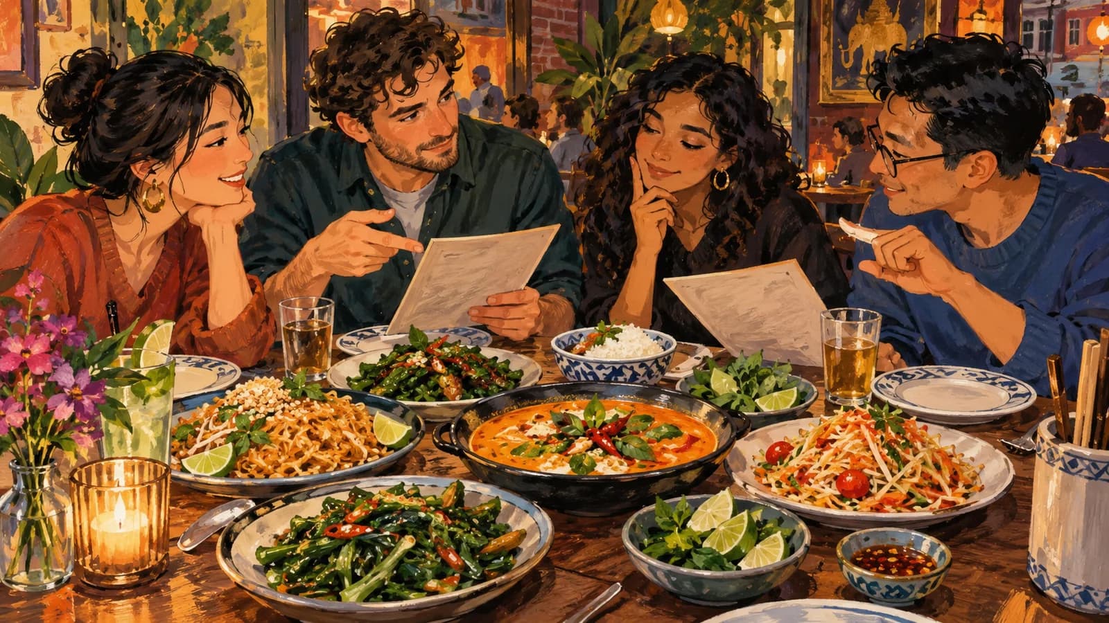 Original editorial illustration of friends discussing a shared Thai dinner with colorful dishes in a Brooklyn restaurant.