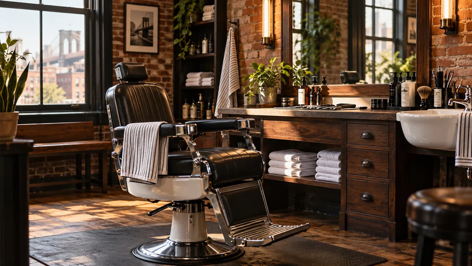 A tidy Bushwick barbershop with a classic chair, mirror, folded towels and beard-grooming tools
