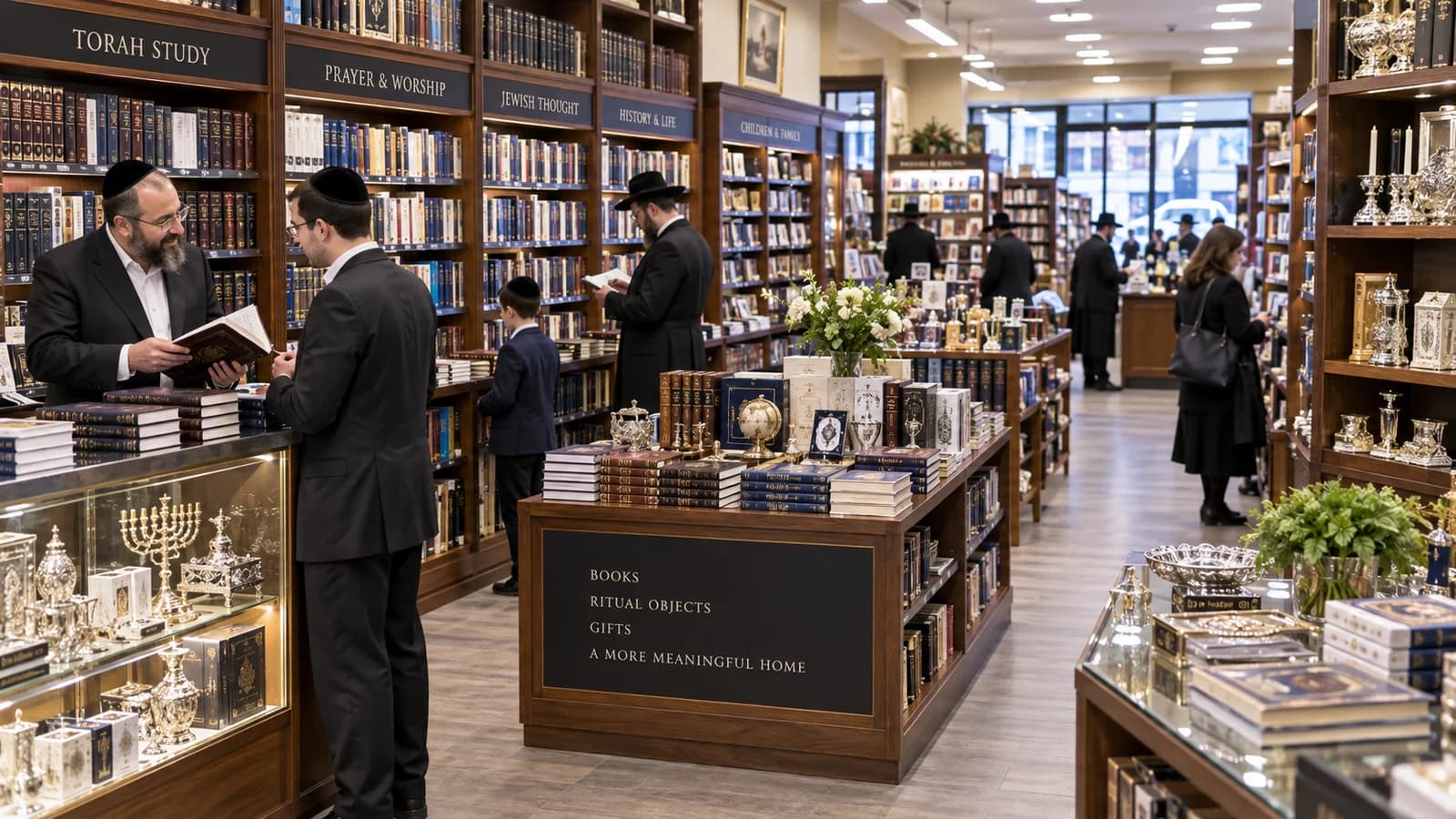 Original editorial image of shoppers browsing books, Judaica and gift displays inside a large Borough Park specialty bookstore