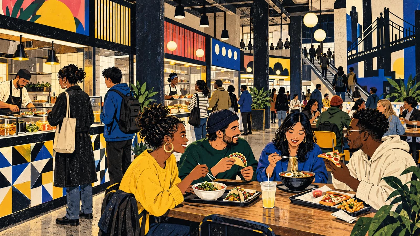Friends choose food from multiple counters in a busy illustrated Downtown Brooklyn food hall.