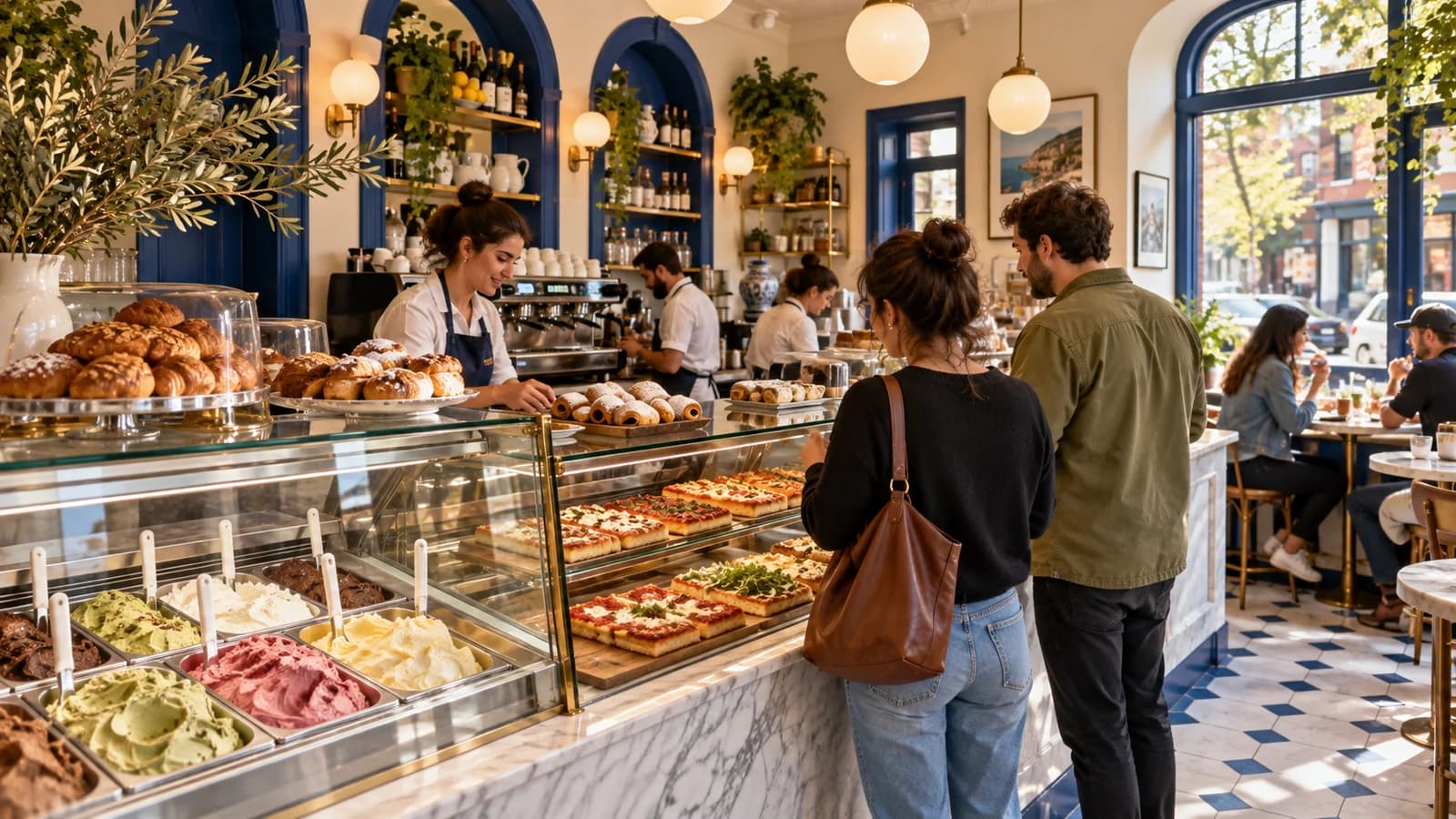 Bright Greenpoint Italian cafe with gelato, pastries, espresso and pizza at the counter