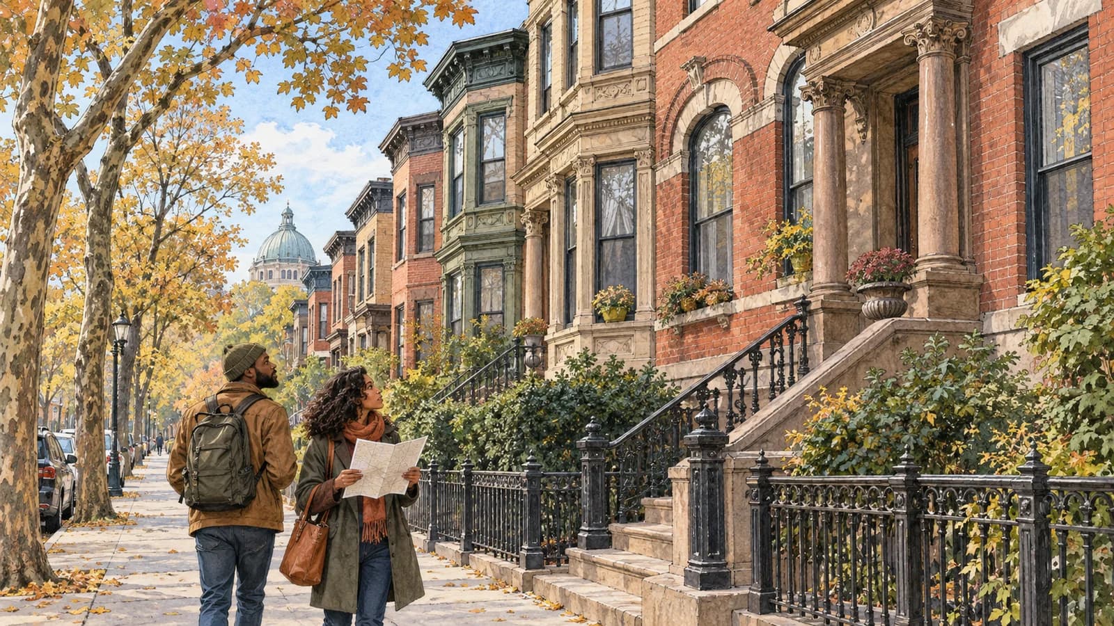 Original architectural illustration of two walkers studying rowhouse facades from a tree-lined Prospect Lefferts Gardens sidewalk.