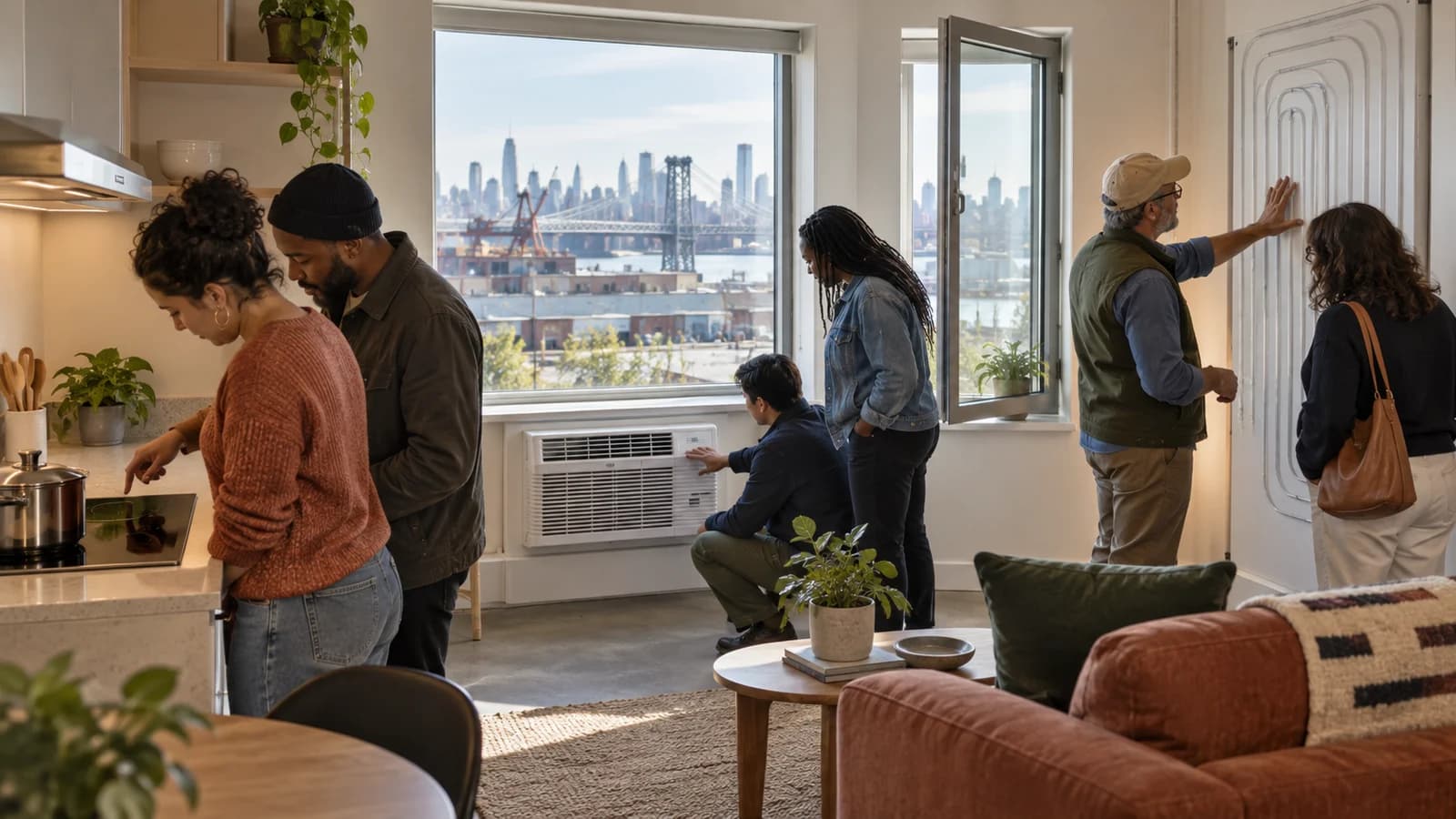 Conceptual editorial scene of residents and specialists examining clean-energy apartment retrofit equipment