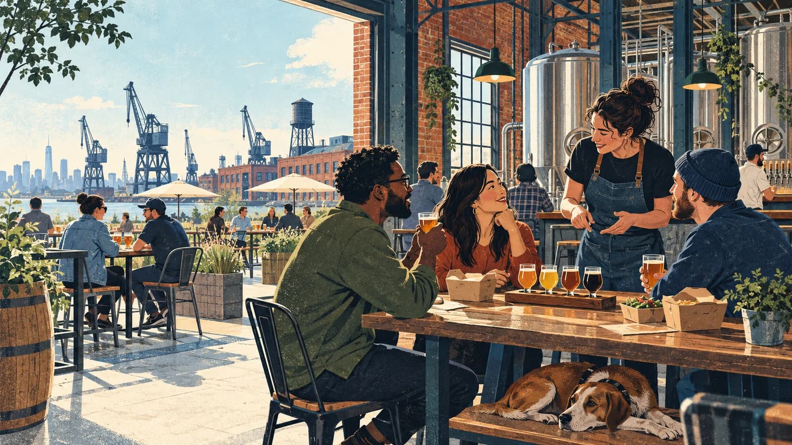 Original editorial screenprint illustration of adults discussing a modest beer flight in an industrial Brooklyn taproom with a calm dog under the table.