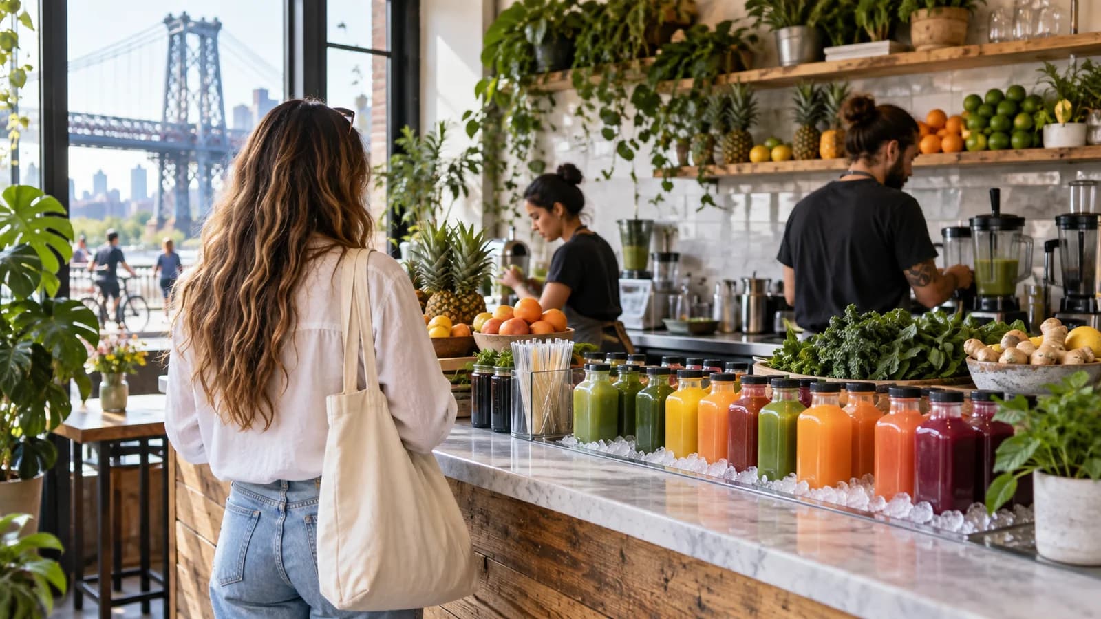 A bright Williamsburg juice counter with colorful bottles, fruit, greens and a customer choosing a smoothie