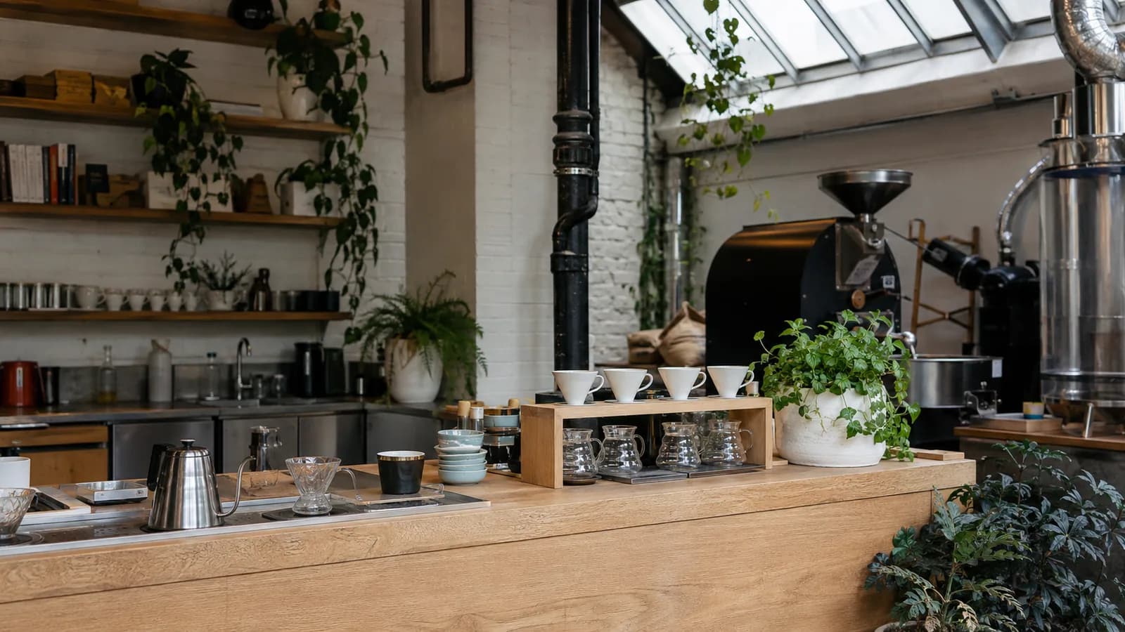 Skylit Brooklyn micro-roastery counter with pour-over brewers, plants, and roasting equipment
