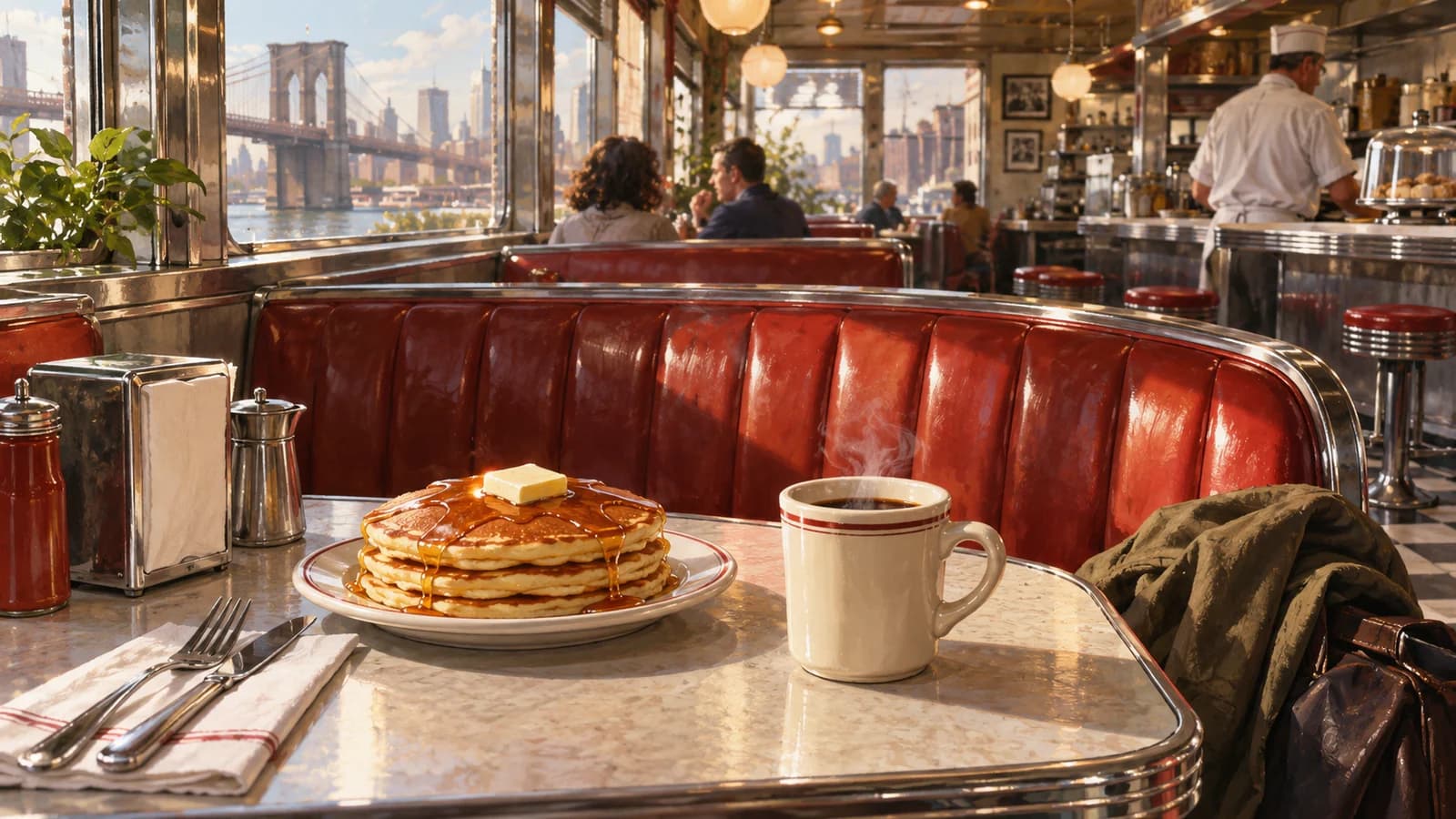 Conceptual editorial illustration of classic diner planning in Brooklyn; not a documentary depiction of the venue.